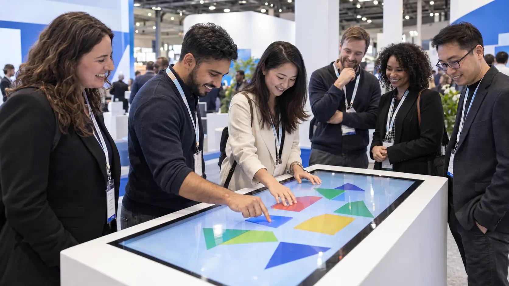 AI-generated illustrative concept: visitors gathering around a touchscreen game at an exhibition booth; not a completed client project