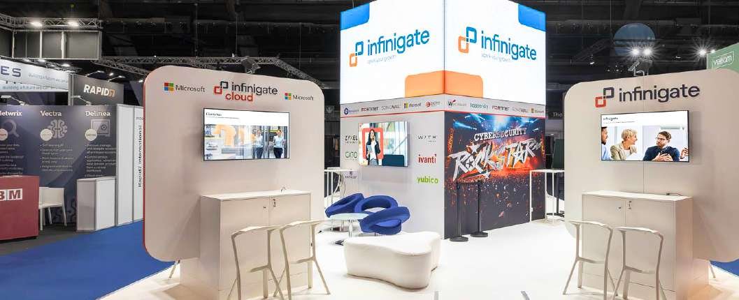 White Infinigate exhibition stand with cube-shaped overhead branding at Cybersec 2024 in Brussels